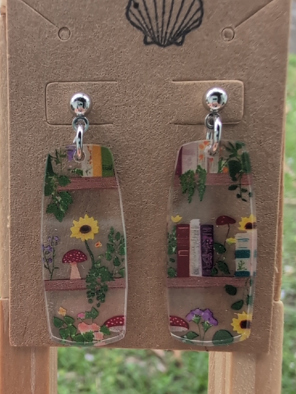 Plant & Book Dangle Earrings with Sunflower and Mushroom Motifs